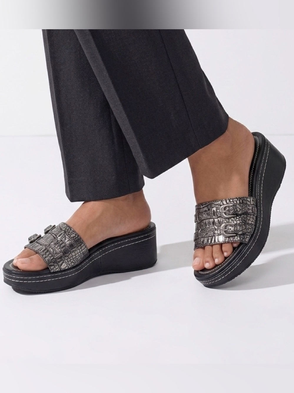 Donald J. Pliner Spia Black Metallic Silver Croc-Embossed Buckle Slide Mules